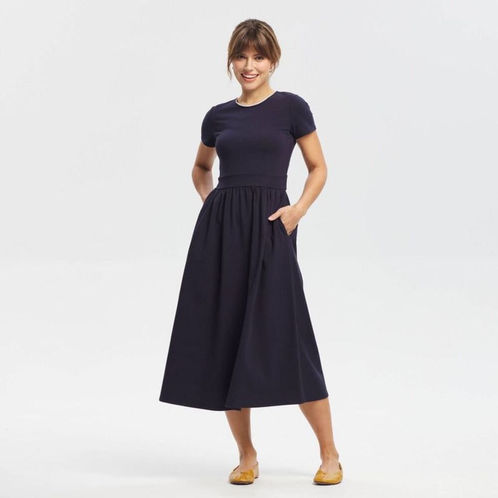 Women's Short Sleeve Lace Trim Knit Dress - Universal Thread Navy Blue XS